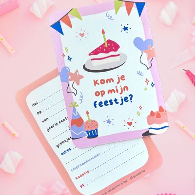 Set de 6 invitaciones rosas – Fiesta de cumpleaños – Globos y pastel – Diseño único – Fiesta infantil niña