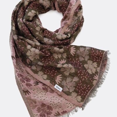 Jacquard scarf FINE FLOWERS 100% BW (organic) – olive green / pink