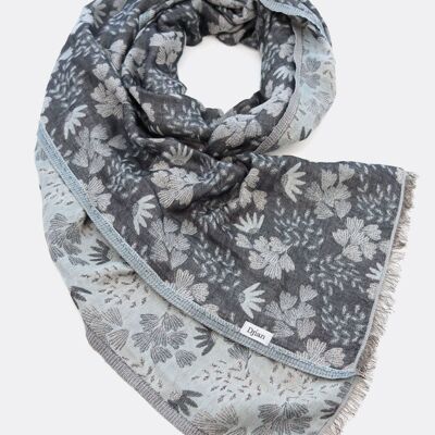 Jacquard scarf FINE FLOWERS 100% cotton (organic) – grey / ice blue