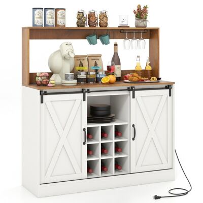 KILO Farmhouse Wine Bar Buffet con stazione di ricarica, cantinetta portabottiglie da 120 cm con ante scorrevoli, portabottiglie rimovibile, ripiani regolabili