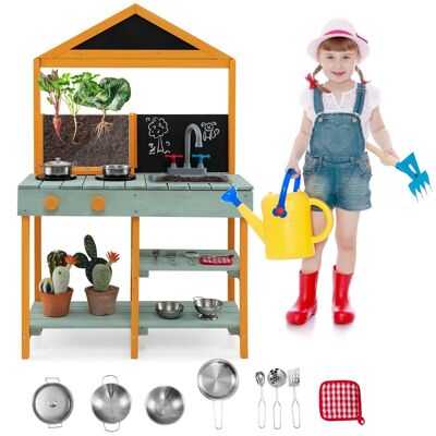Cucina da esterno per bambini di 55 anni con fioriera, rubinetto girevole e lavello rimovibile, 2 lavagne, utensili da cucina, accessori inclusi