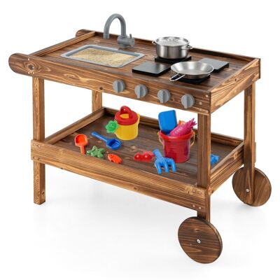 Cucina da esterno mobile Spar 55'S con 2 ruote e 1 maniglia a spinta, rubinetto girevole e lavello rimovibile, fornello e manopole realistici