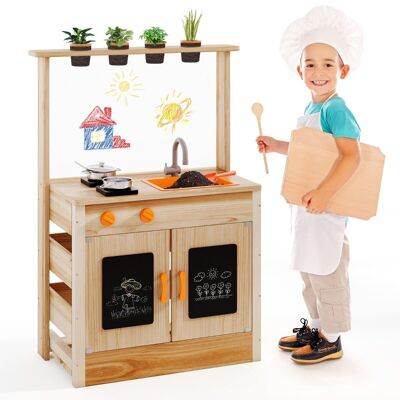 Cucina da esterno in legno per bambini con vasi di fiori e accessori da cucina, cucina giocattolo con rubinetto, lavello e stoviglie, 55'S Mud Kitchen