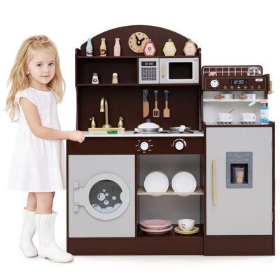 Set da cucina per bambini anni '50, cucina in legno con orologio, microonde, lavello, scolapiatti, lavatrice, macchina per il gelato e il caffè, giocattoli da cucina
