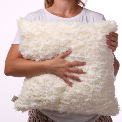 Custom ecru hand knit pillow from faux fur featherly yarn, 16''