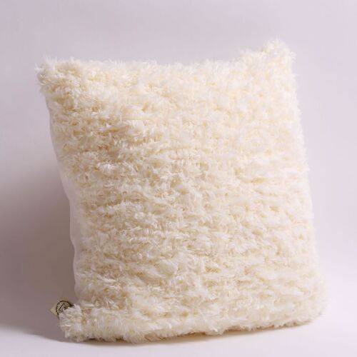 Custom ecru hand knit pillow from faux fur featherly yarn, 18''