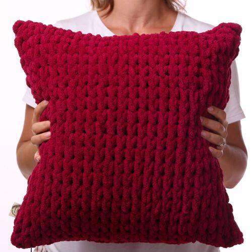 Raspberry hand knit soft cushion