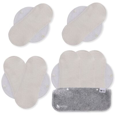 Protectores diarios reutilizables de bambú certificado con alas (paquete de 7) (flujo normal) - Natural (alas blancas)