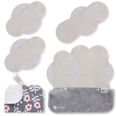Serviettes hygiéniques réutilisables en bambou certifié avec ailes, lot de 6 (tailles S et M) - Naturel (ailes blanches)
