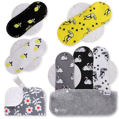 Serviettes hygiéniques lavables en coton avec ailes, lot de 6 (tailles S et M) - Citrons (ailes blanches)