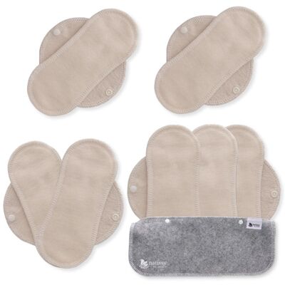 Protège-slips réutilisables en coton biologique avec ailes, lot de 7 (pertes normales) - Naturel non blanchi (ailes blanches)