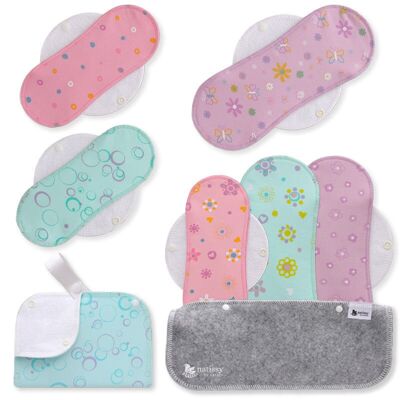 Serviettes hygiéniques réutilisables en coton bio avec ailes, lot de 6 (tailles S et M) - Pastel (ailes blanches)