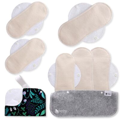 Compresas menstruales reutilizables de algodón orgánico con alas, paquete de 6 (tallas S y M) - Naturales sin blanquear (alas blancas)