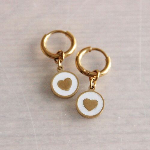 CB302 - Stainless steel creoles with round charm with heart - gold / mother-of-pearl