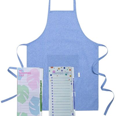 Lot de 2 blocs-notes magnétiques pour listes de courses et un tablier bleu