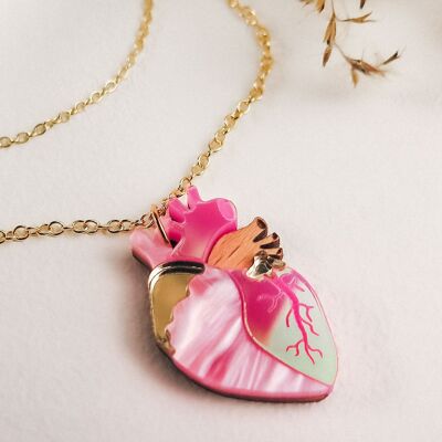 Collier avec pendentif cœur anatomique rose et double chaîne