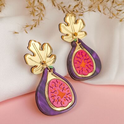 Pendientes colgantes de higo colorido de vidrio acrílico morado, rosa y dorado.