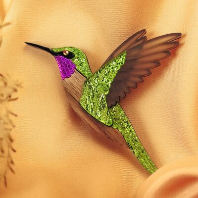 Épingle à revers colibri en bois exotique recyclé et verre acrylique coloré, joli petit badge de veste
