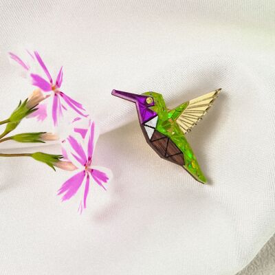 Épingle à revers colibri en bois exotique recyclé et verre acrylique coloré, joli petit badge de veste