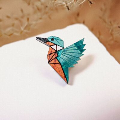 Pin's en forme d'oiseau martin-pêcheur en bois exotique recyclé et verre acrylique turquoise, jolie petite épingle à veste