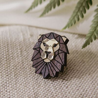 Épingle à revers Lion en bois exotique recyclé et verre acrylique, jolie petite épingle à veste