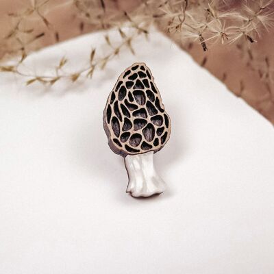 Pin de solapa con forma de hongo Morel de madera exótica reciclada y vidrio acrílico, un lindo y pequeño pin para chaqueta.