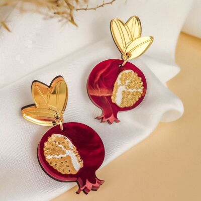 Boucles d'oreilles pendantes vibrantes en forme de grenade en verre acrylique miroir rouge et or