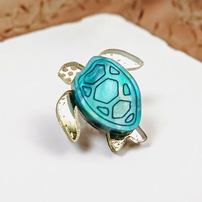 Élégante épingle à revers en forme de tortue de mer en verre acrylique, parfait petit accessoire de mode bleu sarcelle et or