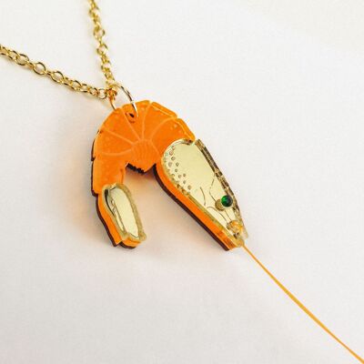 Collana con catena portagioie a forma di gambero neon con occhi scintillanti in strass color smeraldo e lunghe antenne arancioni neon.