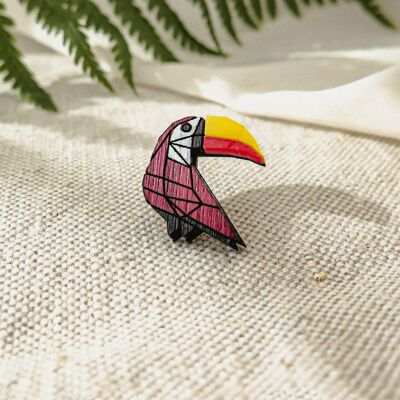 Épingle à revers Toucan en bois exotique recyclé et verre acrylique, jolie petite épingle à veste