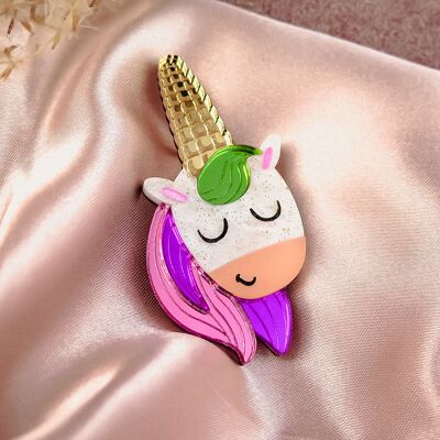 Jolie broche licorne découpée au laser à partir de verre acrylique miroir coloré, cadeau amusant