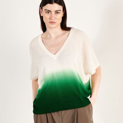 Maglione da donna in cashmere ecru/verde smeraldo con scollo a V - RIA 7A