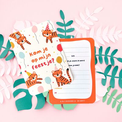 Lot de 5 invitations – Fête d'enfants – Thème Safari – Tigres avec chapeaux de fête – Design unique – Cartes d'anniversaire garçon/fille