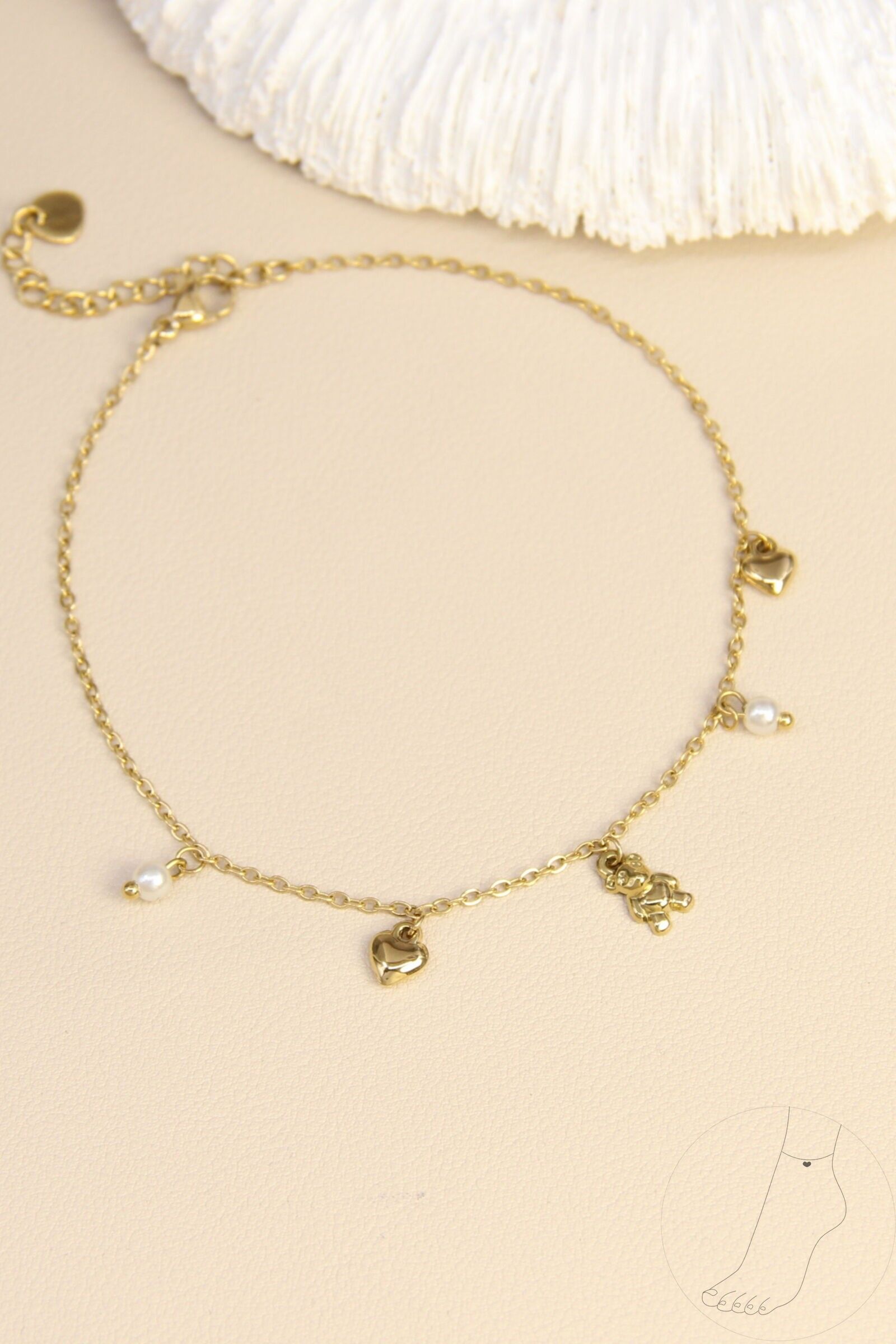 Fußkettchen aus Edelstahl – Herz-, Perlen- und Teddybär-Anhänger