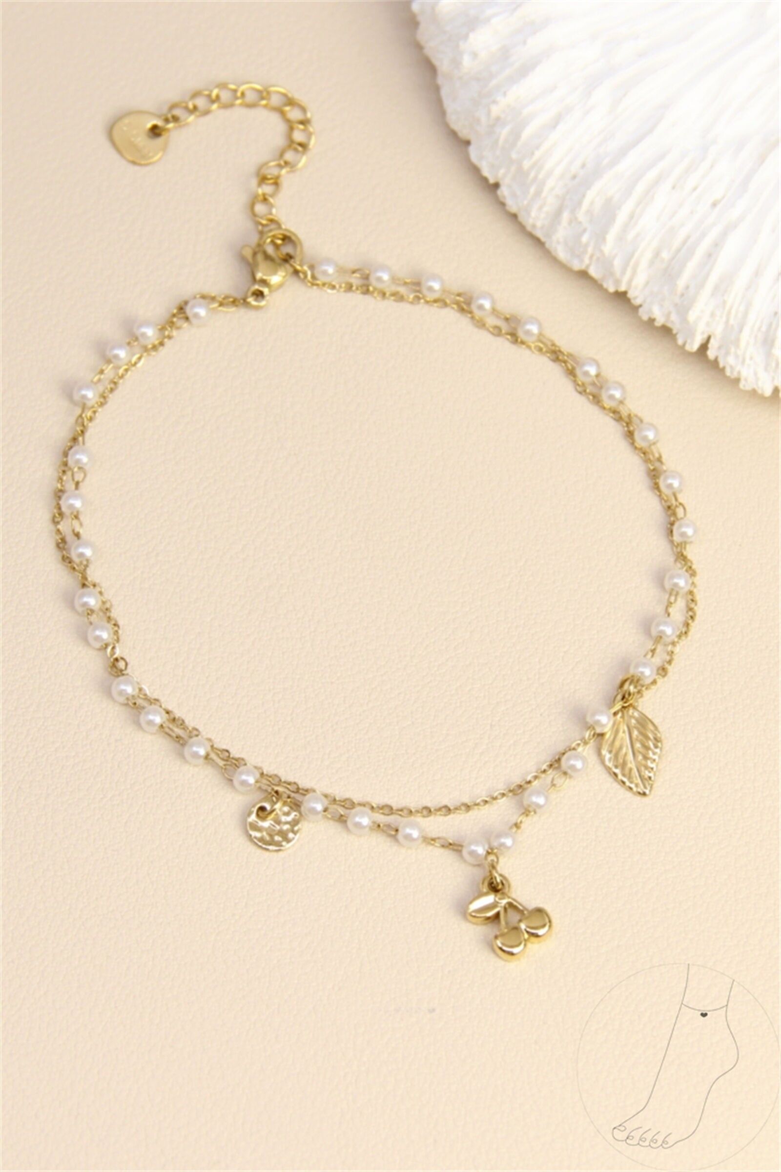 Doppelreihiges Fußkettchen mit Perlen und Fruchtanhängern – Edelstahl