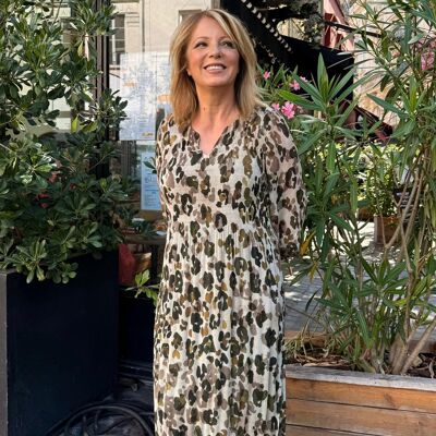 Long pleated printed dress, 3/4 sleeves, V-neck Made in France R06AE58