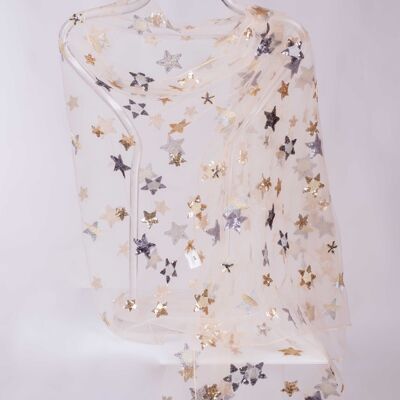 Châle de fête en tulle beige avec étoiles brodées