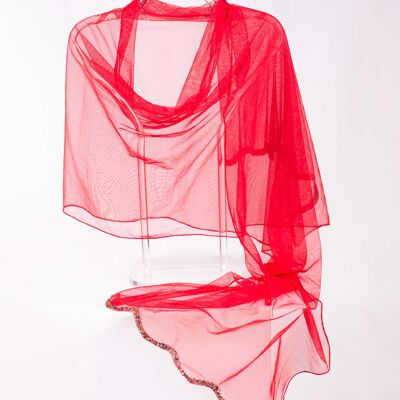 Red tulle shawl with rhinestone waves