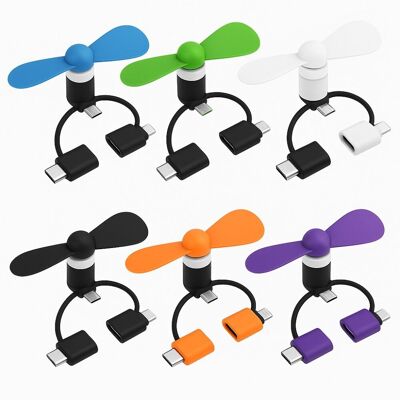 Pack 2 Mini Ventilateurs Smartphone – 3 en 1 Lightning, USB C, Micro USB - Couleur aléatoire