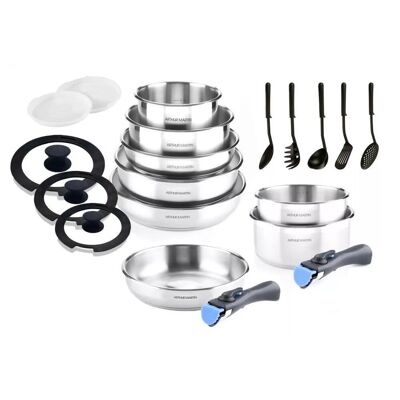 Juego de utensilios de cocina de acero inoxidable Arthur Martin de 20 piezas para todo tipo de fuegos, con utensilios y mango extraíble
