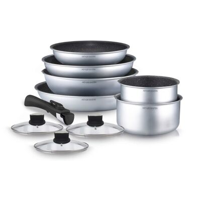 Batterie de Cuisine Arthur Martin 10 Pièces en Aluminium Tous Feux avec Poignée Amovible - Argent