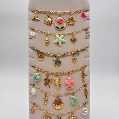 Lot de 6 bracelets thème de la mer ton vert et rose