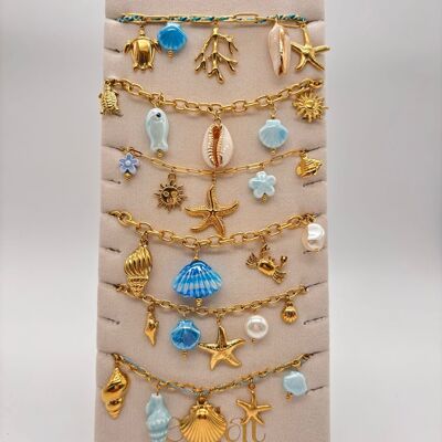Conjunto de 6 pulseras con temática marina en tonos azules