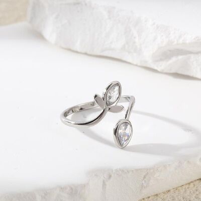 Silver Spiral Flower and Leaf Ring with Rhinestones