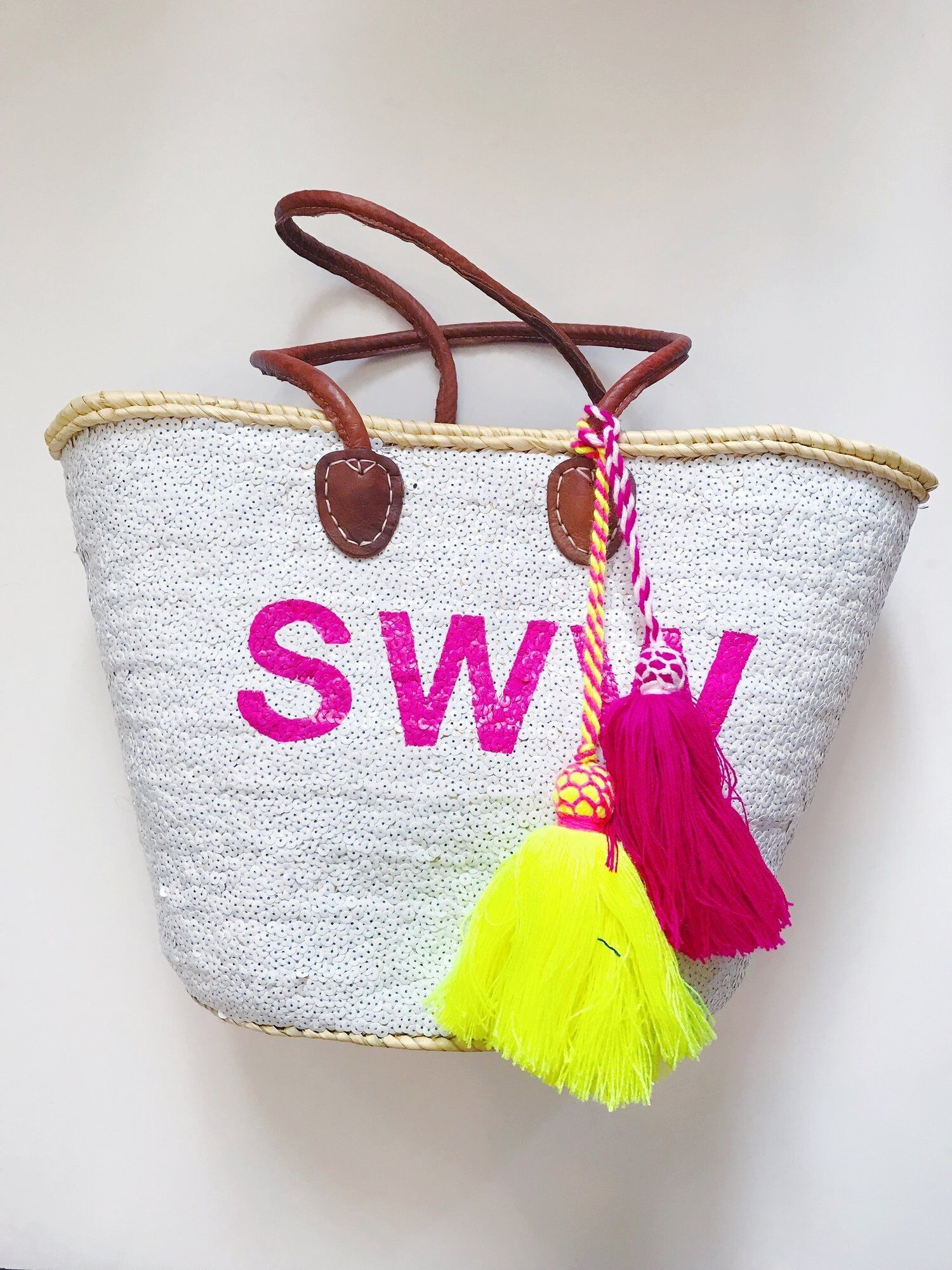 Borsa tote bianca con paillettes e monogramma – Borsa all'ingrosso fatta a mano dal Marocco