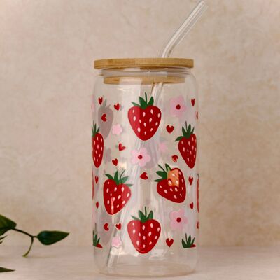 Vaso de cristal con diseño de fresa, con tapa de bambú y pajita de cristal.