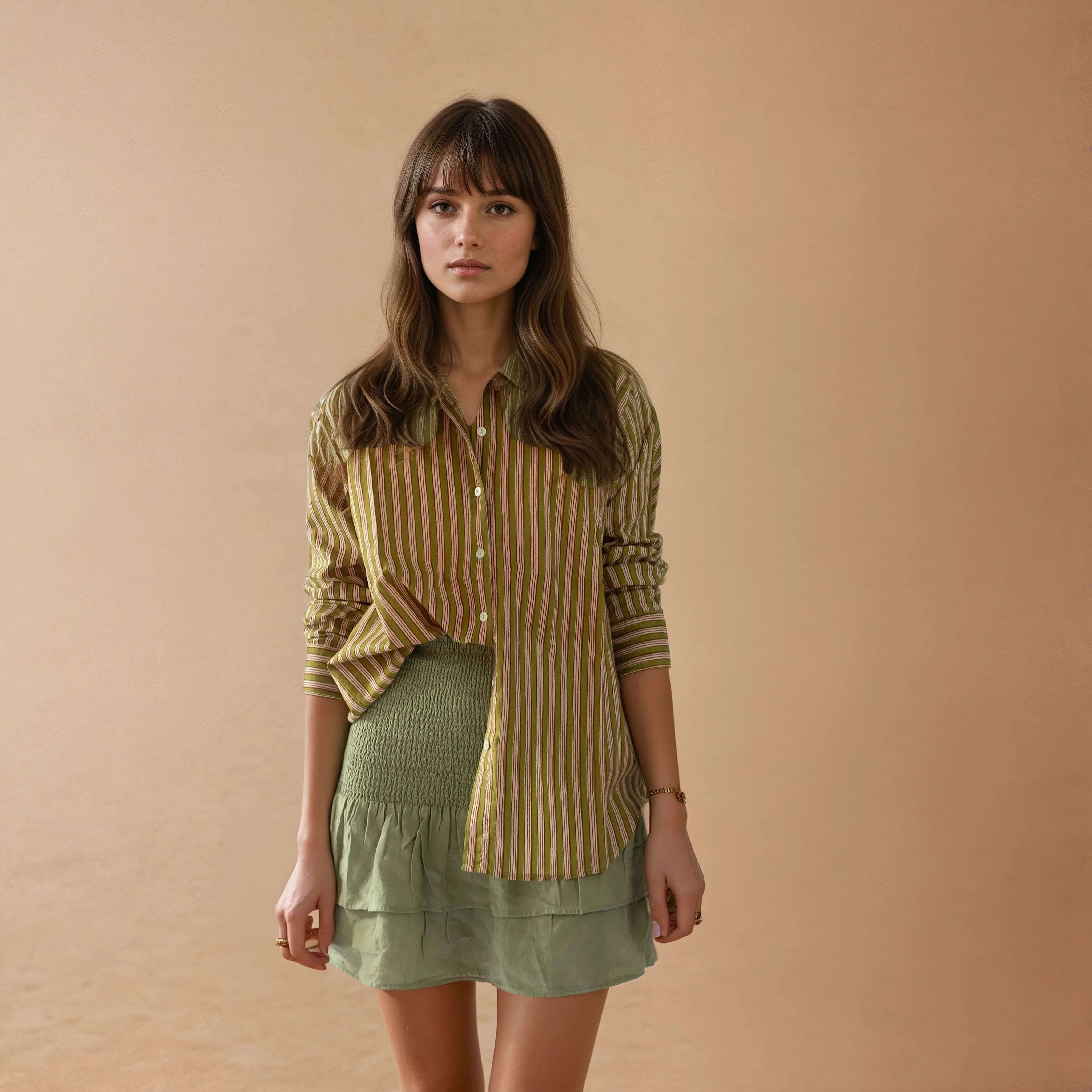 Khakigrün gestreiftes Baumwollhemd | Aria-5