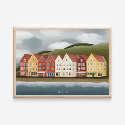 Affiche Norvège maisons à Bergen - Impression d'art voyage hygge façade de maison en automne