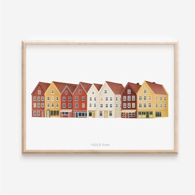 Póster de casas noruegas en Bergen: fachada colorida de una casa, viaje, casa hygge