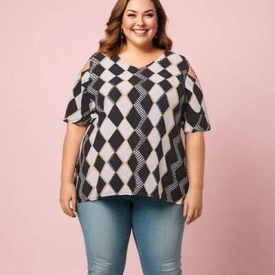 Top grande taille imprimé carreaux beige (C6201)